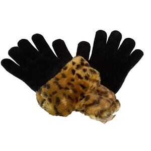 Westbound Leopard Faux Fur Cuff Black Knit Gloves Womens